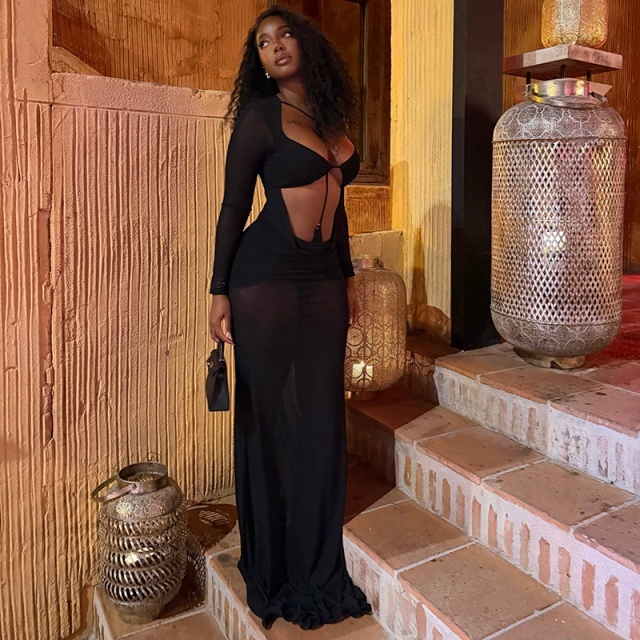 Cut-out Design Sheer Mesh Maxi Dress