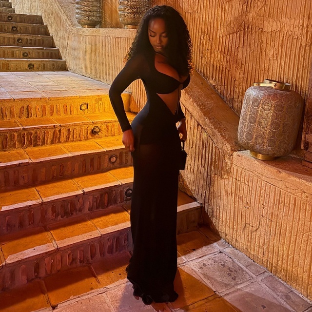 Cut-out Design Sheer Mesh Maxi Dress