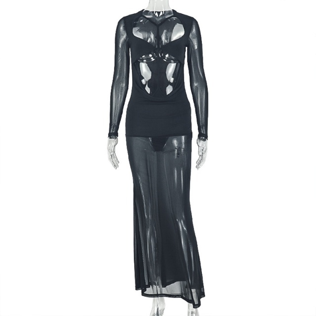 Cut-out Design Sheer Mesh Maxi Dress