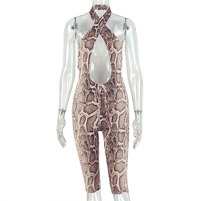 Snakeskin Printed Halter Backless Fitted Romper