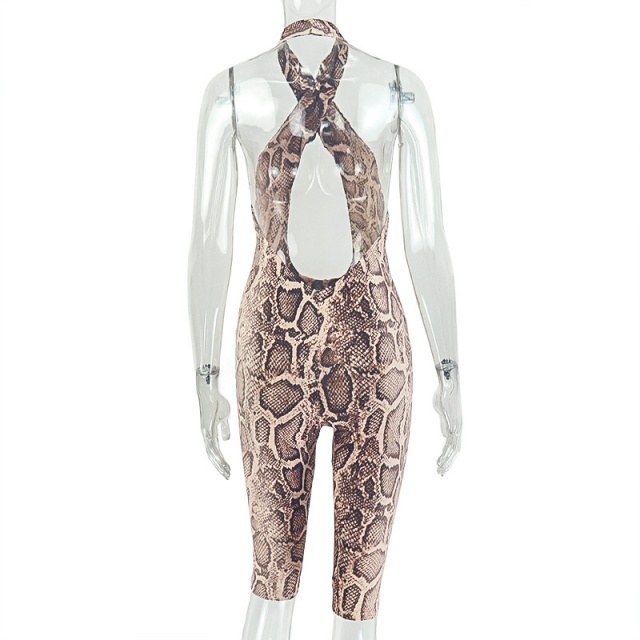 Snakeskin Printed Halter Backless Fitted Romper