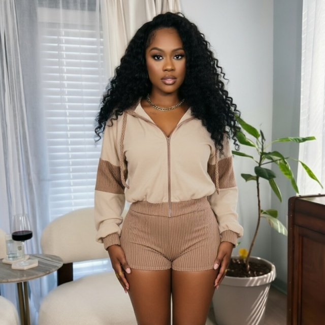 Colorblock Hooded Top Slim Fitted Short Set