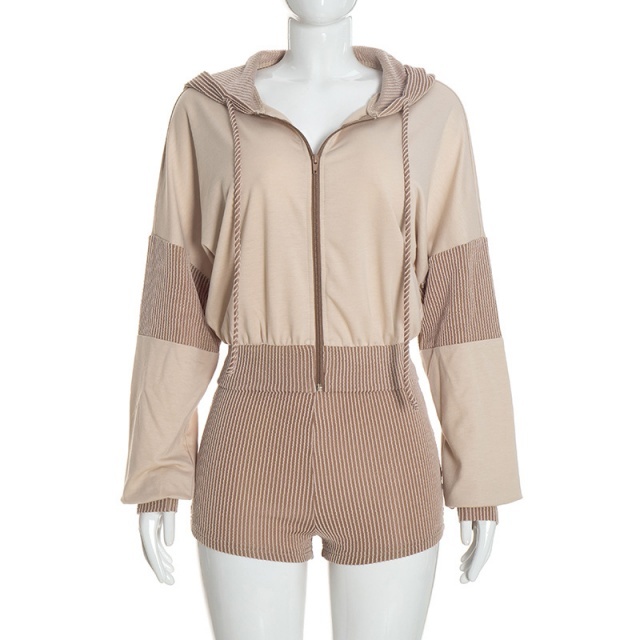 Colorblock Hooded Top Slim Fitted Short Set