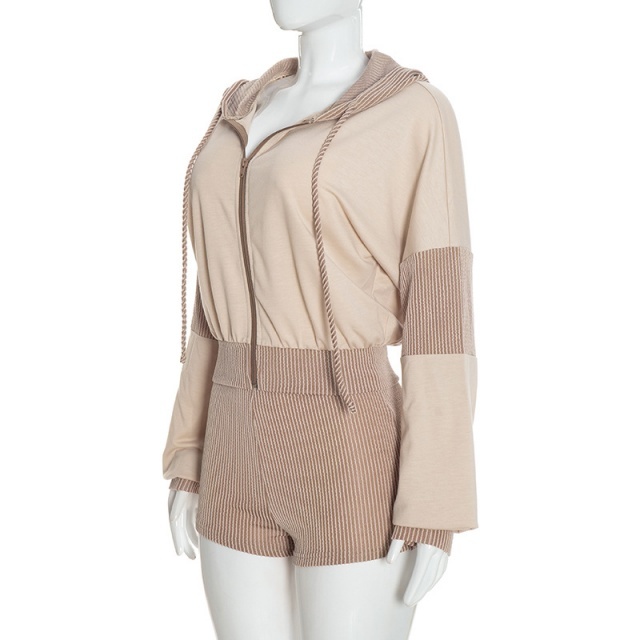 Colorblock Hooded Top Slim Fitted Short Set