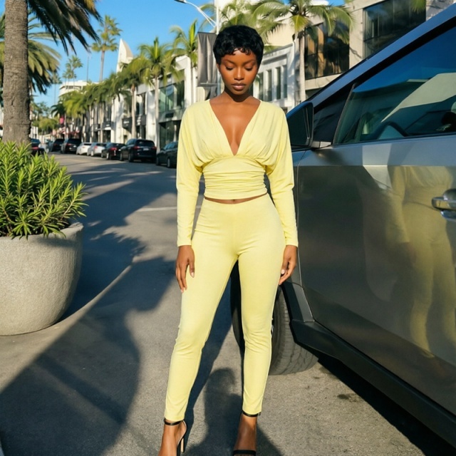 Deep V Neck Long Sleeve Top Slim Fitted Pant Set