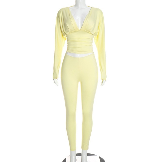 Deep V Neck Long Sleeve Top Slim Fitted Pant Set