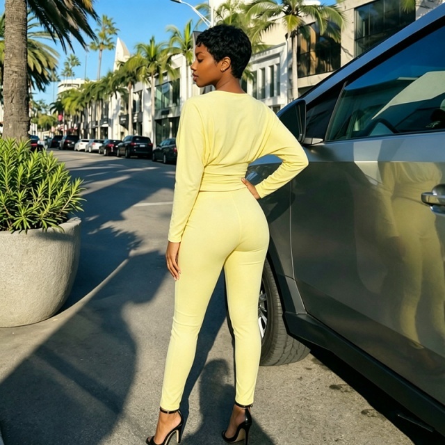 Deep V Neck Long Sleeve Top Slim Fitted Pant Set