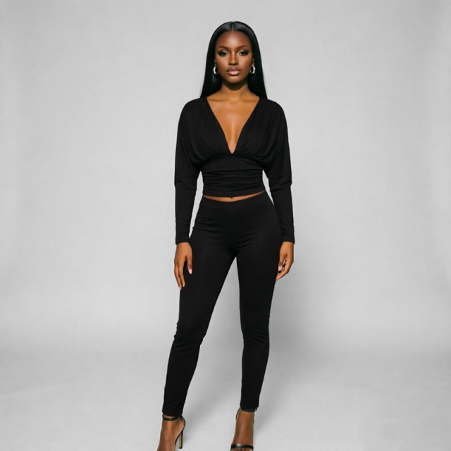 Deep V Neck Long Sleeve Top Slim Fitted Pant Set