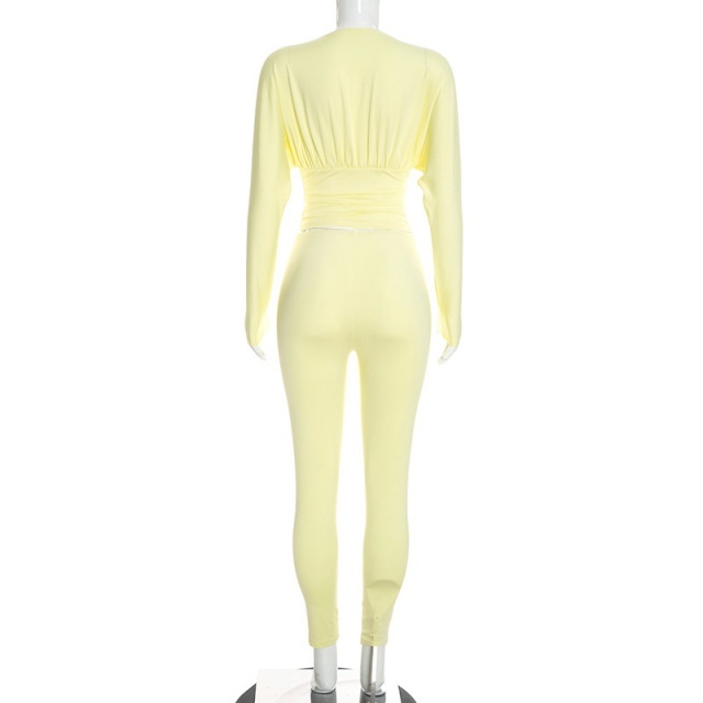 Deep V Neck Long Sleeve Top Slim Fitted Pant Set