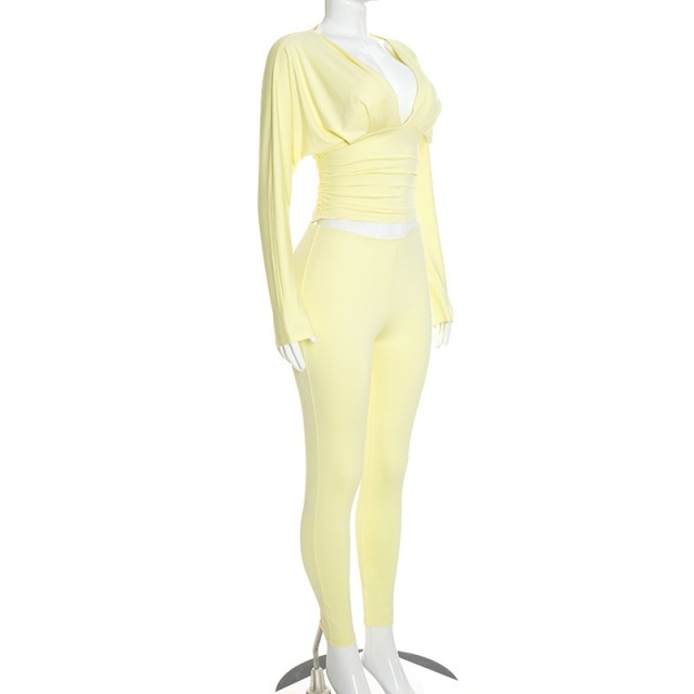 Deep V Neck Long Sleeve Top Slim Fitted Pant Set
