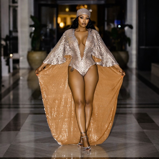 Glossy Deep V-Neck Long-Cape Bodysuit