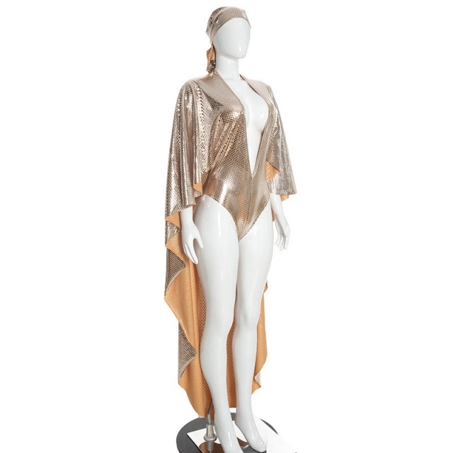Glossy Deep V-Neck Long-Cape Bodysuit
