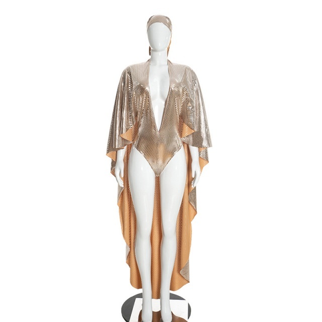 Glossy Deep V-Neck Long-Cape Bodysuit