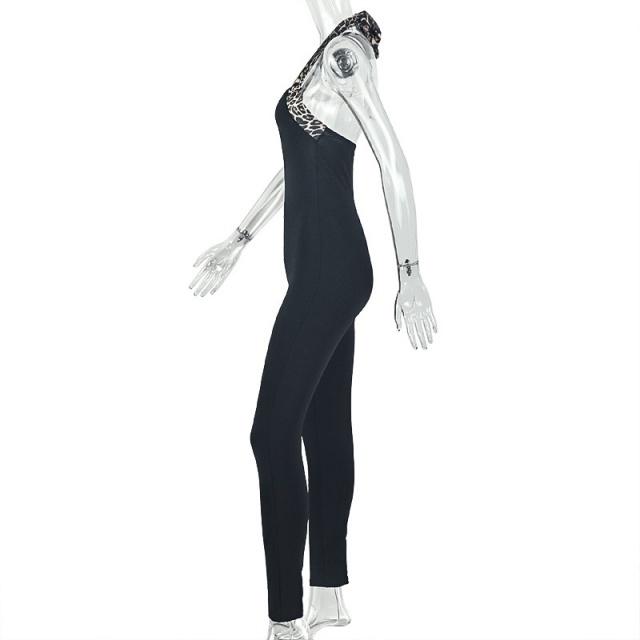 Leopard Patchwork Halter Fitted Jumpsuit