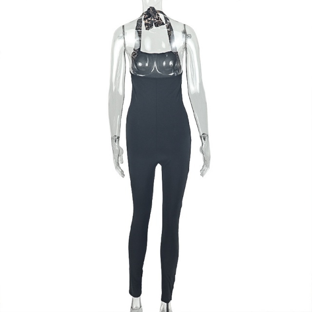 Leopard Patchwork Halter Fitted Jumpsuit