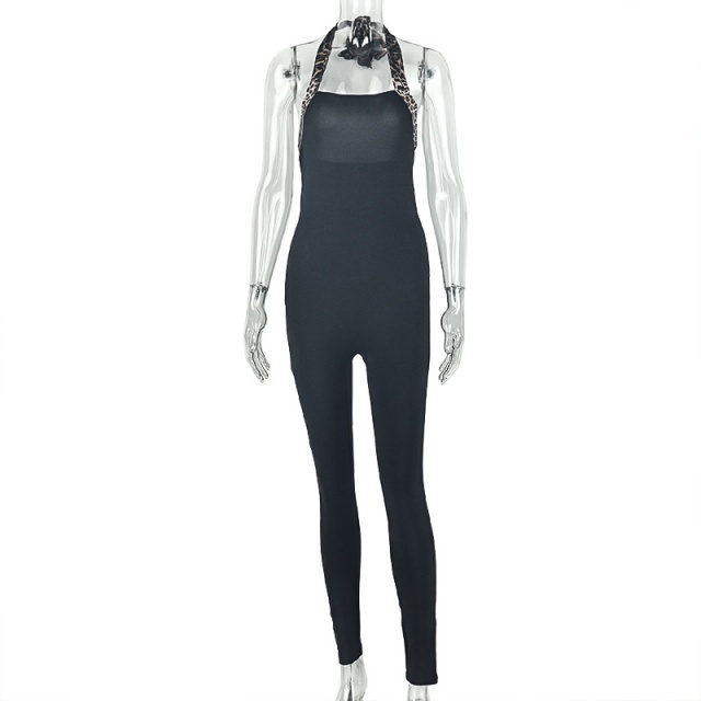 Leopard Patchwork Halter Fitted Jumpsuit