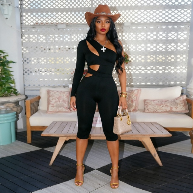 Single-sleeve Cut Out Slim Fitted Midi Jumpsuit