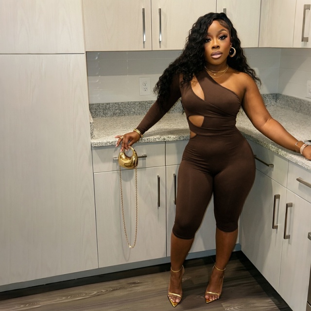 Single-sleeve Cut Out Slim Fitted Midi Jumpsuit