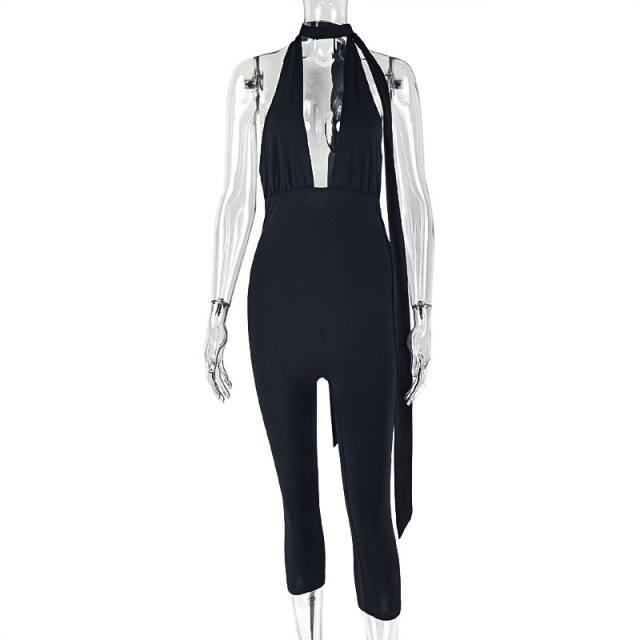 Solid Color V Neck Slim Fitted Midi Jumpsuit