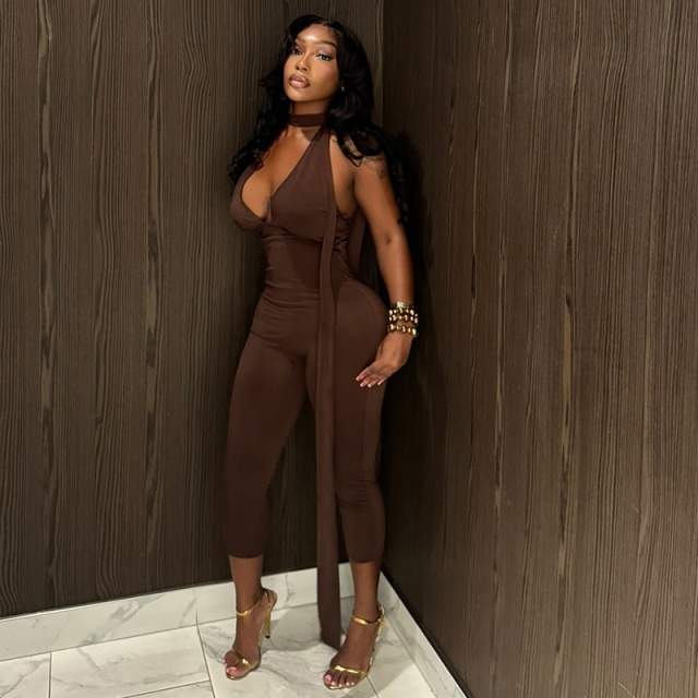 Solid Color V Neck Slim Fitted Midi Jumpsuit