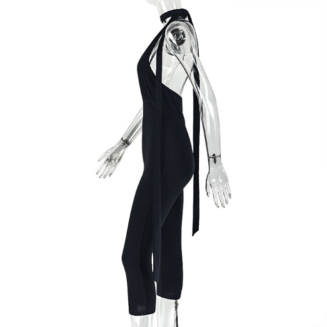 Solid Color V Neck Slim Fitted Midi Jumpsuit