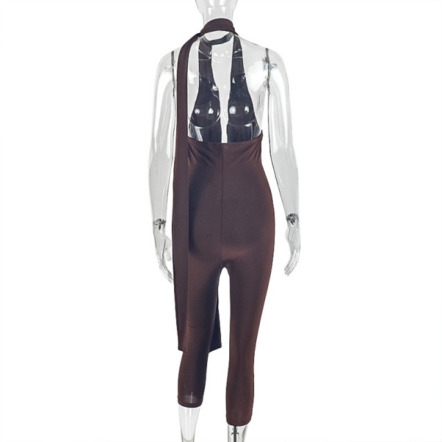 Solid Color V Neck Slim Fitted Midi Jumpsuit