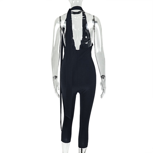 Solid Color V Neck Slim Fitted Midi Jumpsuit