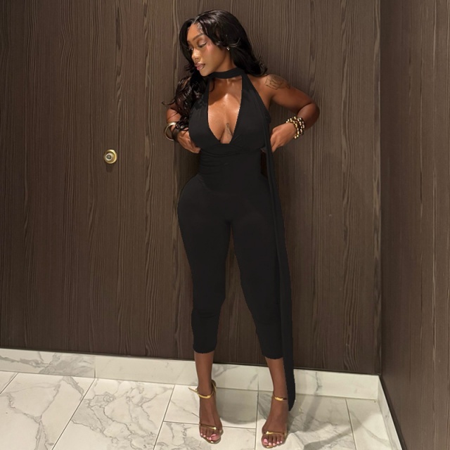 Solid Color V Neck Slim Fitted Midi Jumpsuit