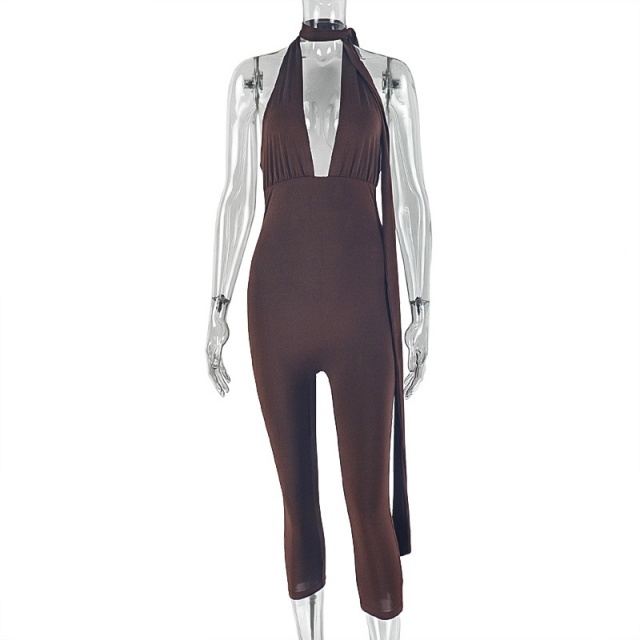 Solid Color V Neck Slim Fitted Midi Jumpsuit