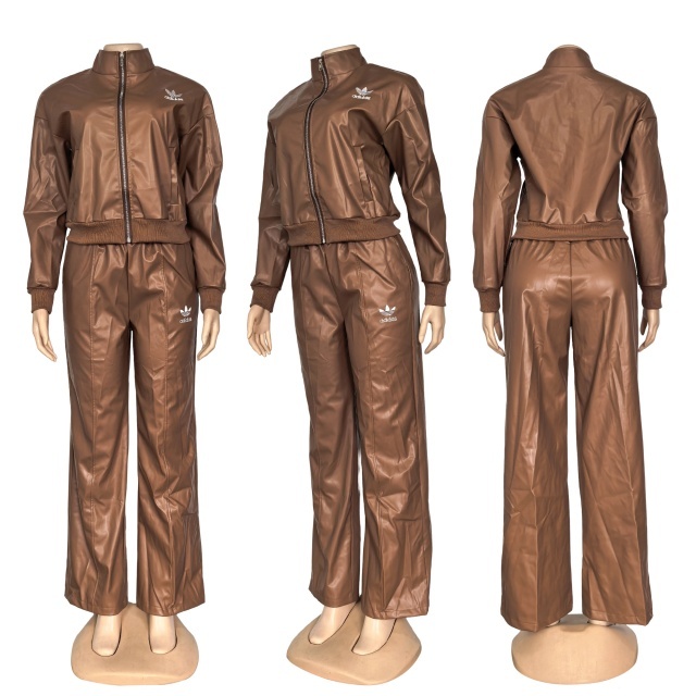 Fashion Leather Zipper Jacket Top Casual Pants Set