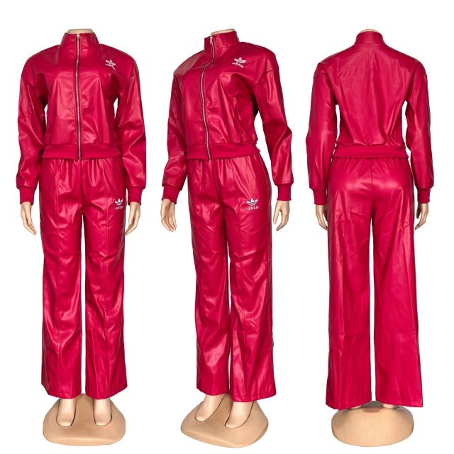 Fashion Leather Zipper Jacket Top Casual Pants Set