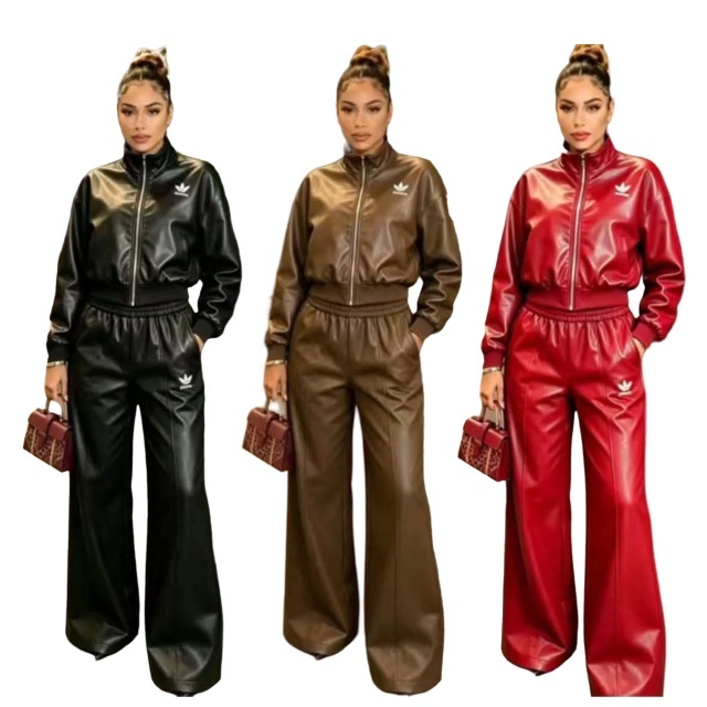 Fashion Leather Zipper Jacket Top Casual Pants Set