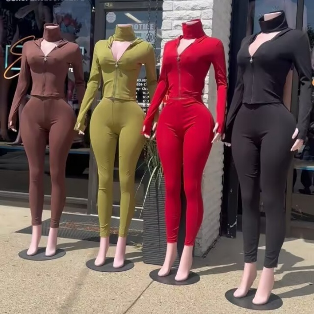 Movable Highneck Zip-up Top Fitted Pant Set