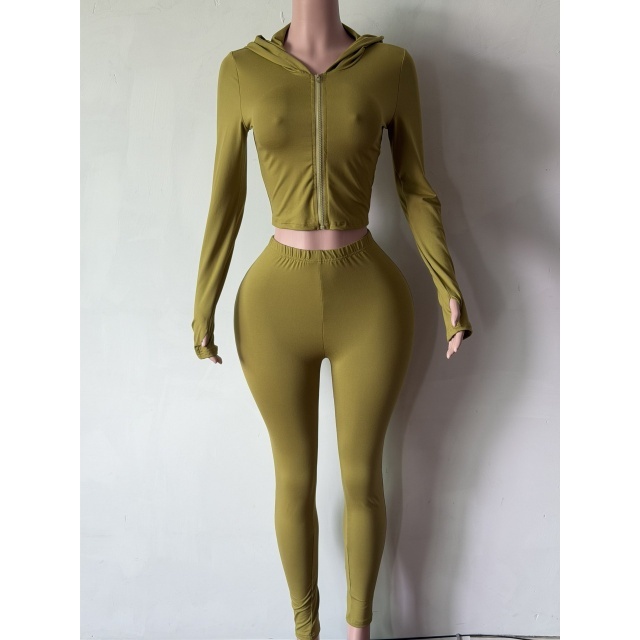 Movable Highneck Zip-up Top Fitted Pant Set