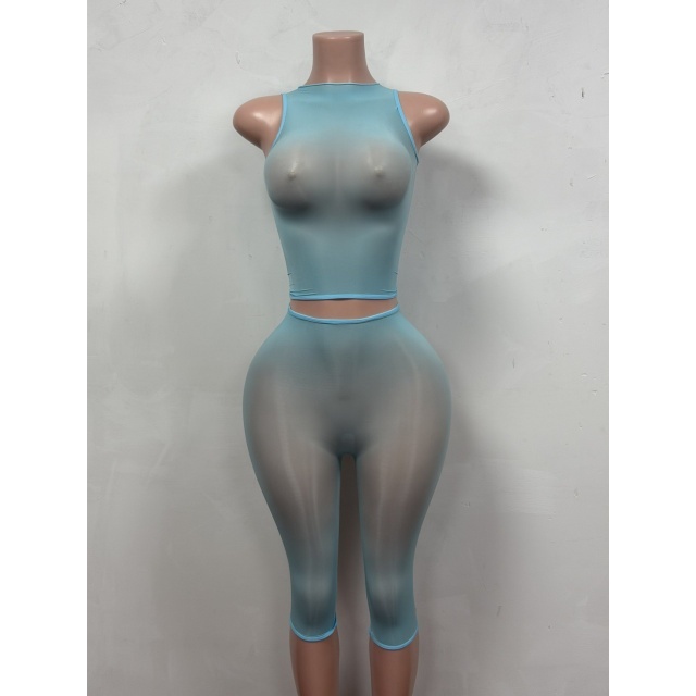 Sheer Mesh Tank Top Slim Fitted Lingerie Midi Pant Set