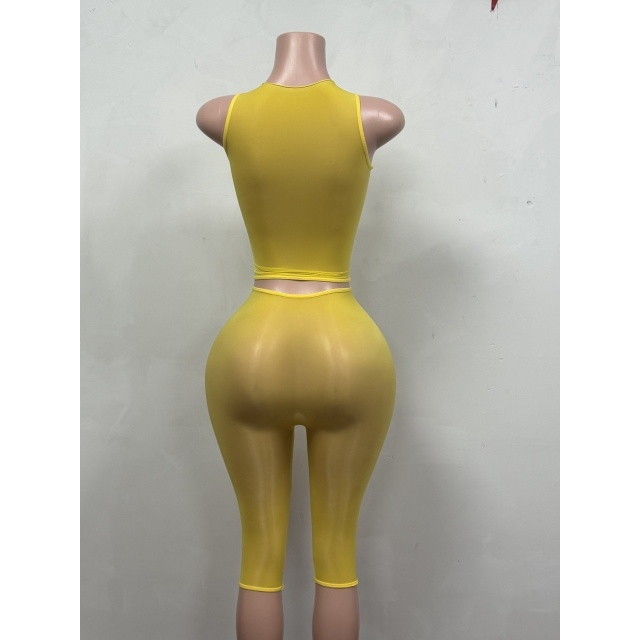 Sheer Mesh Tank Top Slim Fitted Lingerie Midi Pant Set