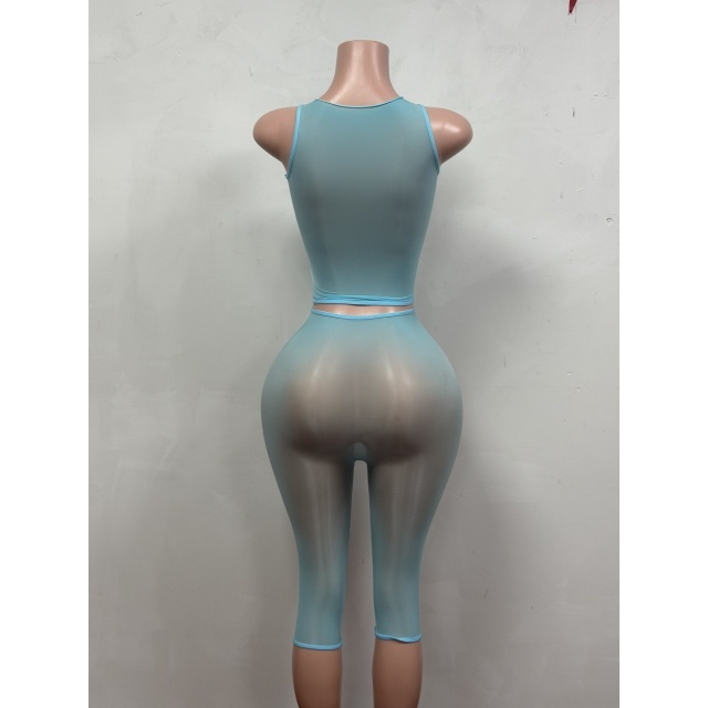 Sheer Mesh Tank Top Slim Fitted Lingerie Midi Pant Set
