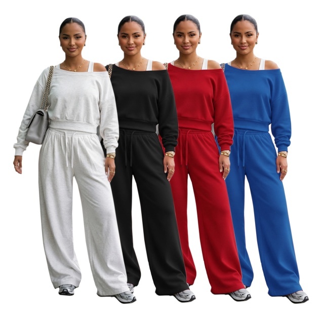 Solid Color Casual Style Wide Legs Pant Set
