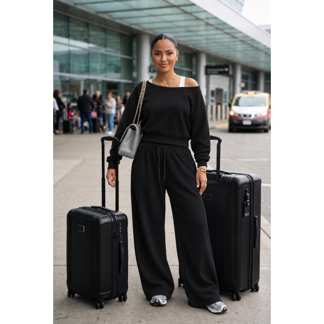 Solid Color Casual Style Wide Legs Pant Set
