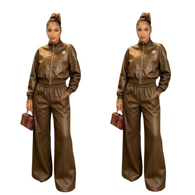 Fashion Leather Zipper Jacket Top Casual Pants Set