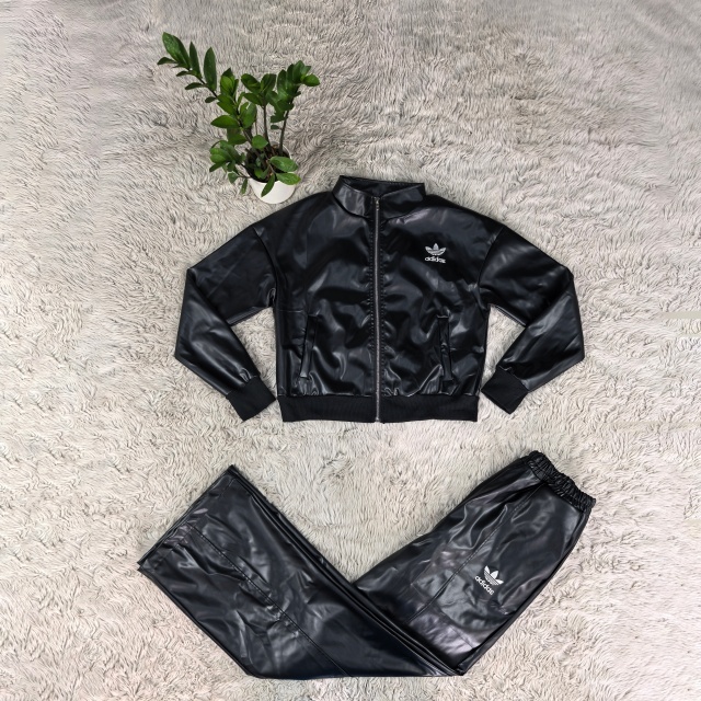 Fashion Leather Zipper Jacket Top Casual Pants Set
