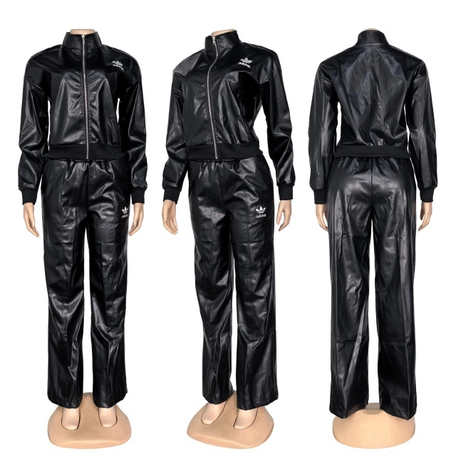 Fashion Leather Zipper Jacket Top Casual Pants Set