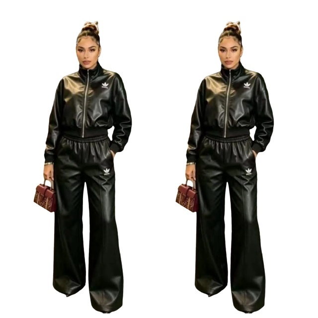 Fashion Leather Zipper Jacket Top Casual Pants Set