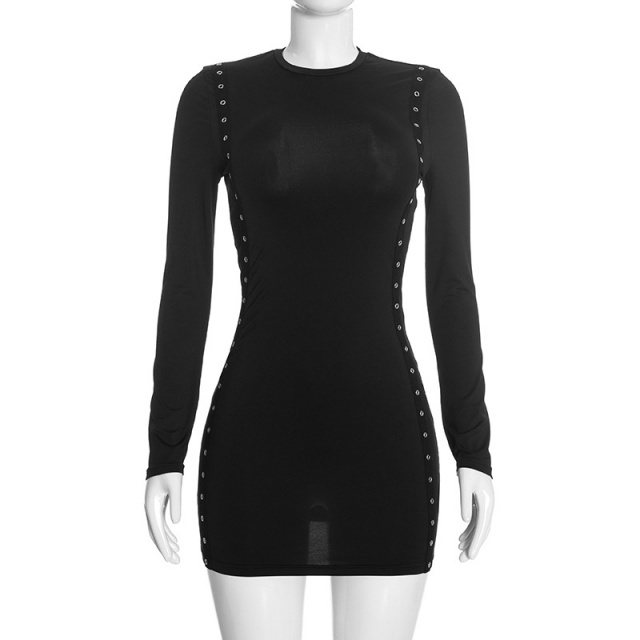 Casual Long Sleeve Eyelets Bodycon Dress