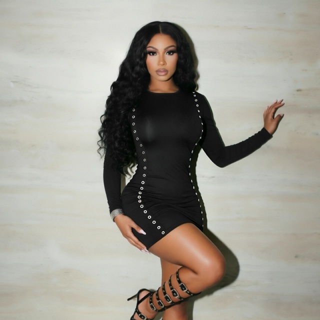 Casual Long Sleeve Eyelets Bodycon Dress