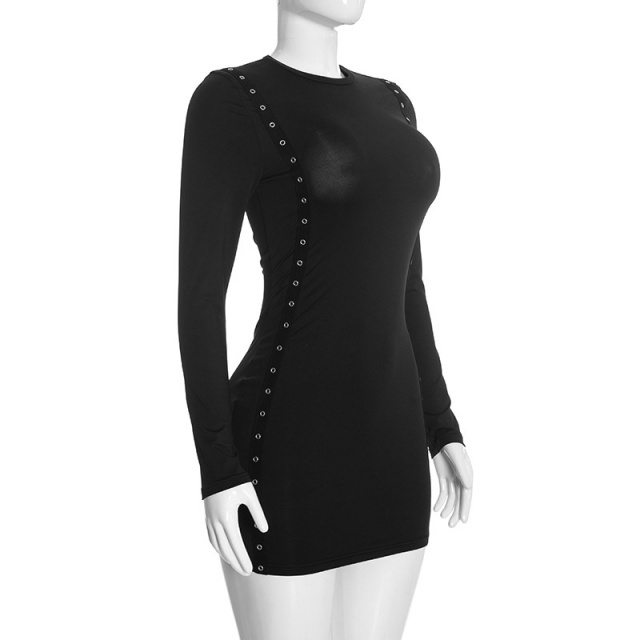 Casual Long Sleeve Eyelets Bodycon Dress