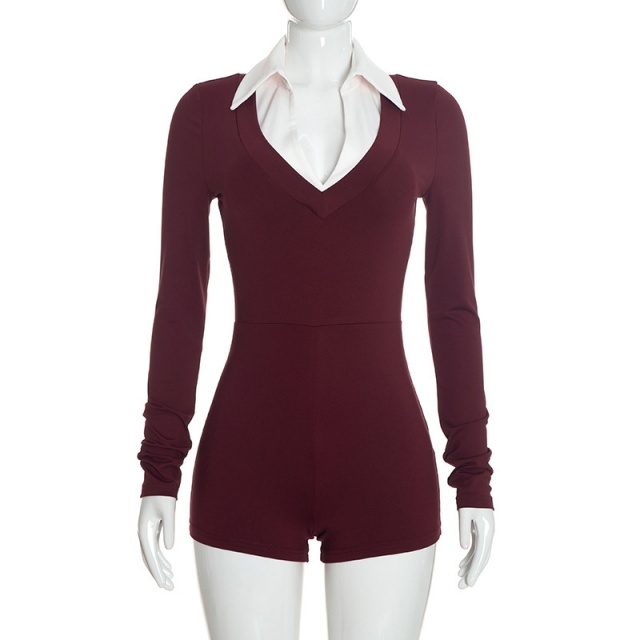 Colorblock V Neck Long Sleeve Slim Romper