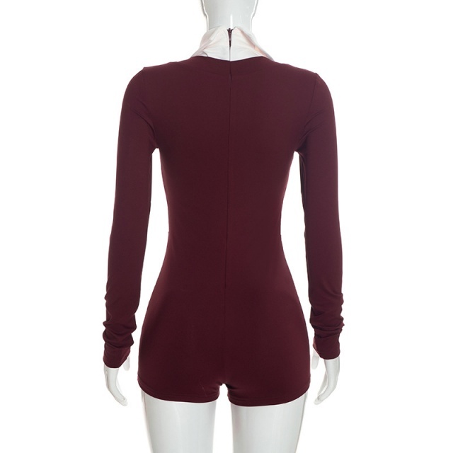 Colorblock V Neck Long Sleeve Slim Romper