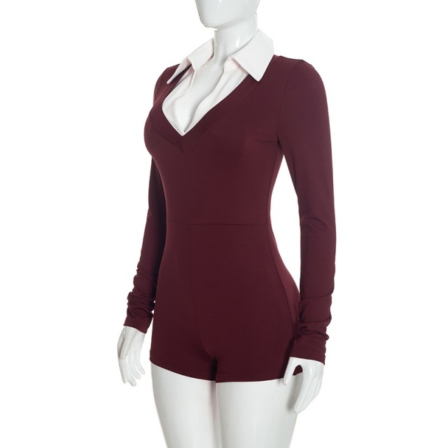 Colorblock V Neck Long Sleeve Slim Romper