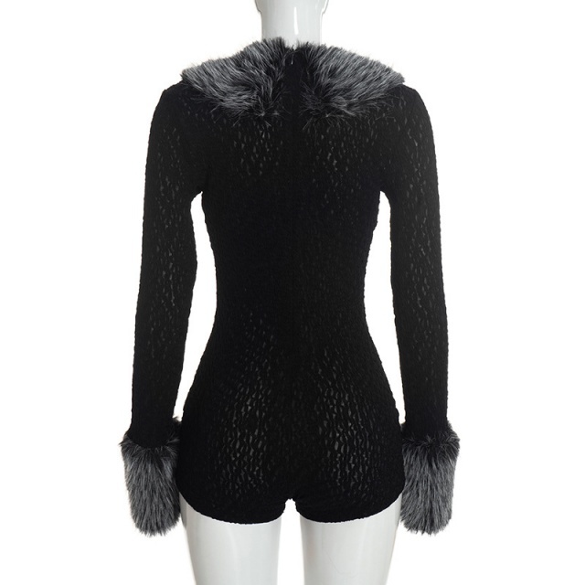 Deep-V Faux Fur Collar Slim Romper